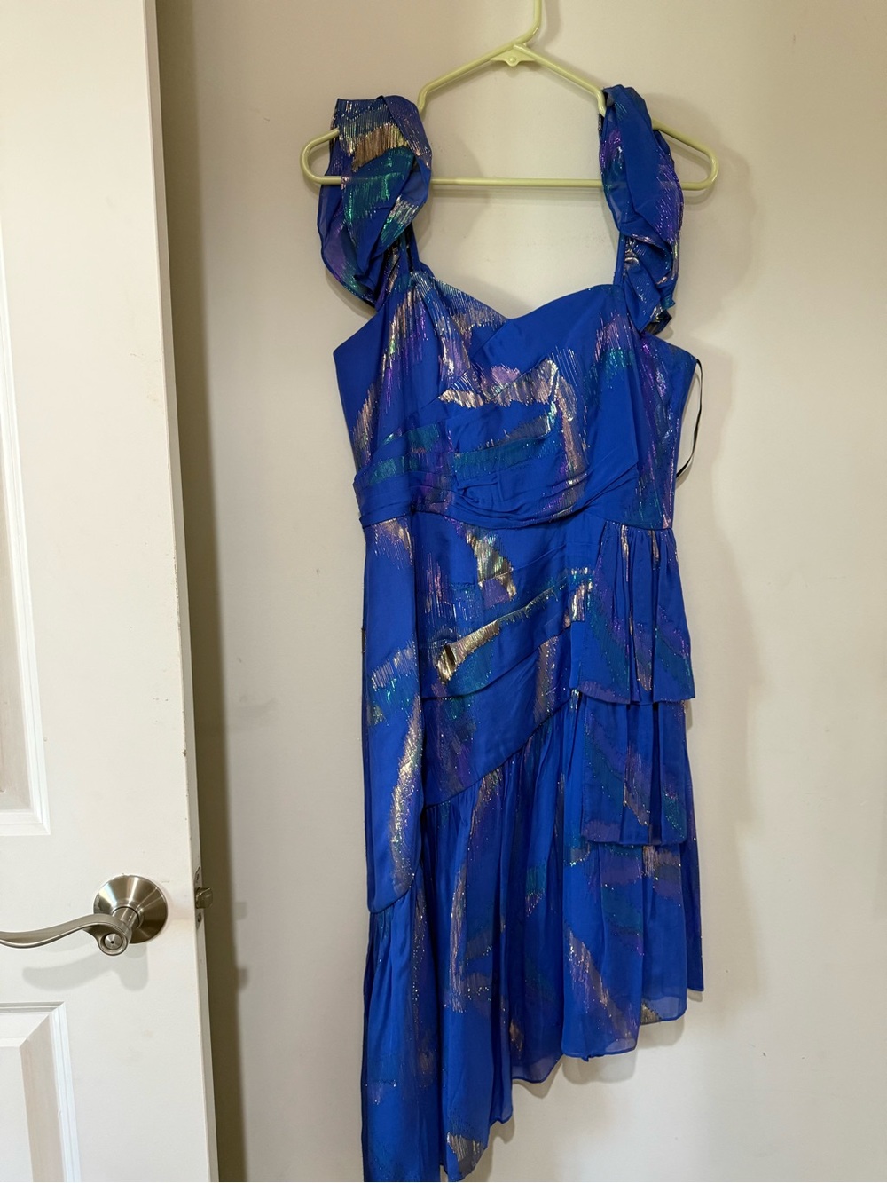 Shoshanna Royal Blue Metallic Ruffle Cocktail Dress